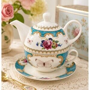Fanquare Butterfly Tea For One Set Teapot Cup Saucer Floral Blue Porcelain